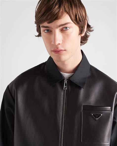 prada black nylon leather jacket|Prada leather jacket green.